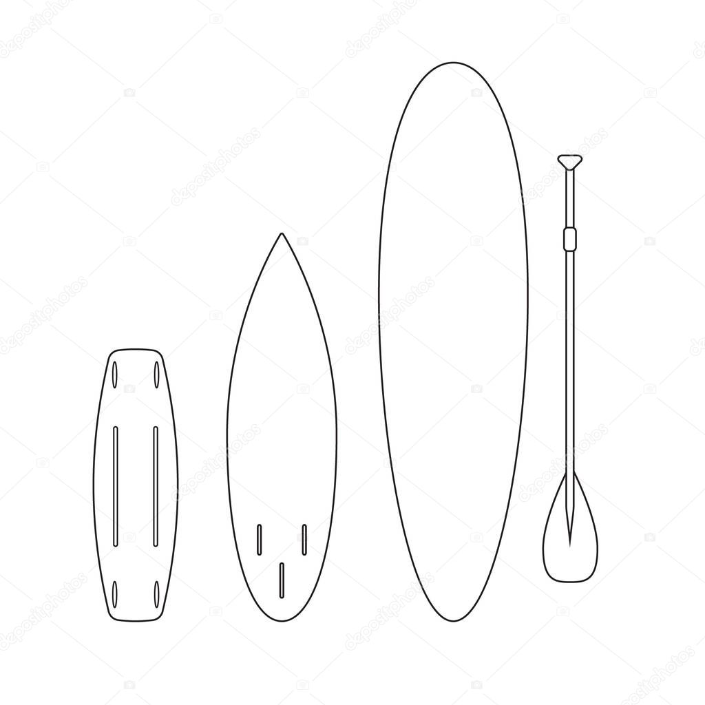 Vector flat cartoon set collection of outline different surf stand up paddle and wake boards isolated on white background