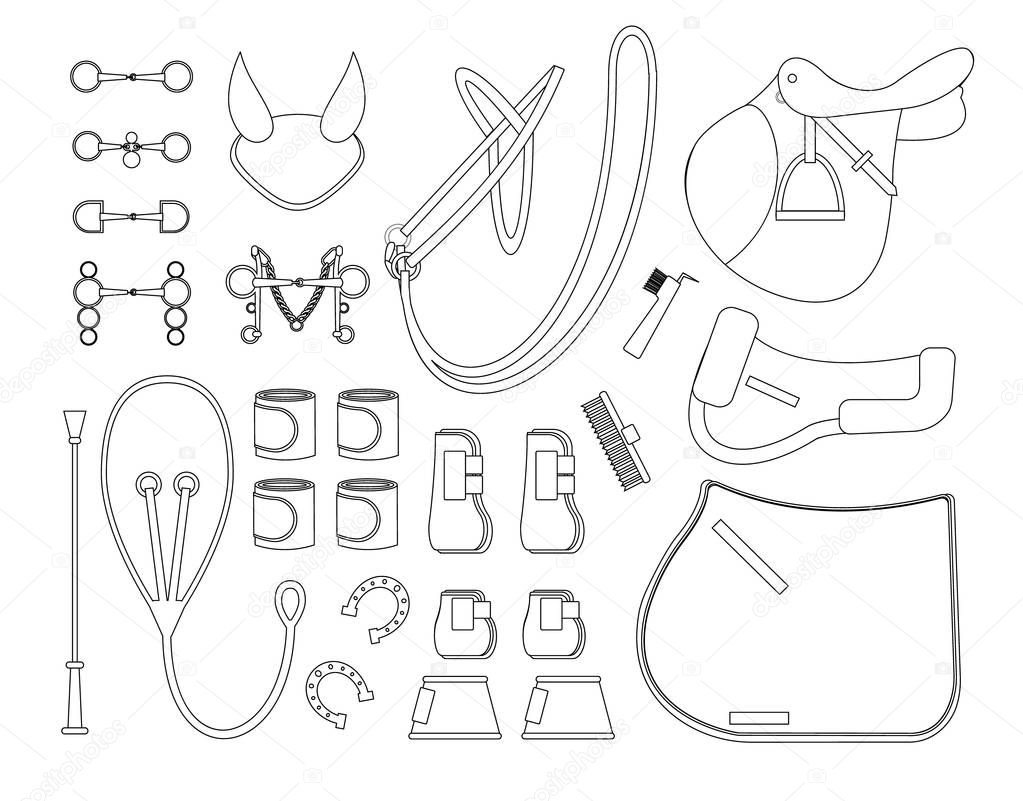 Vector line set of horse equipment for riding