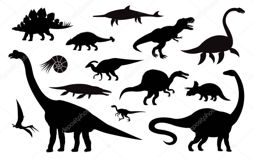 Vector set collection of different black dinosaur silhouette isolated on white background