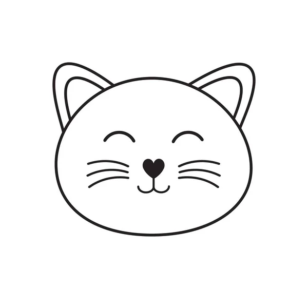Vektor datar kartun kawaii garis hitam wajah kucing - Stok Vektor