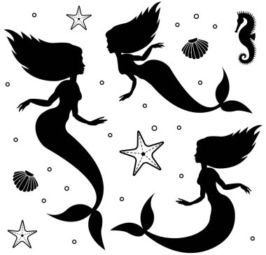 Vektör düz siyah denizkızı siluet seti