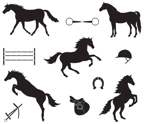 Conjunto vectorial de caballo de silueta negro y equipo — Archivo Imágenes Vectoriales