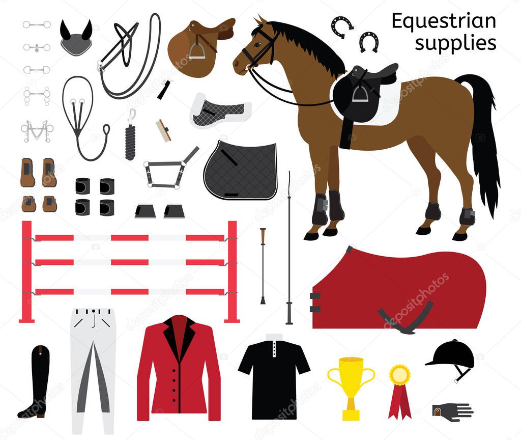 Vector flat cartoon set collection of equestrian horse equipment isolated on white background