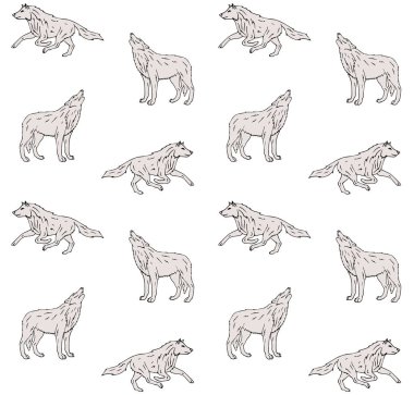 Vektör Dikişsiz desen gri el çizilmiş kurt