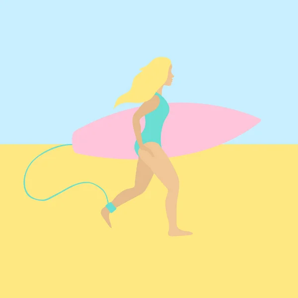 Vector Flat Surfer Mädchen mit Brett am Strand — Stockvektor