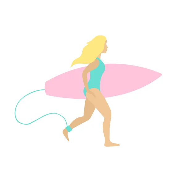 Vektor flache blonde Surferin Mädchen mit Surfbrett — Stockvektor