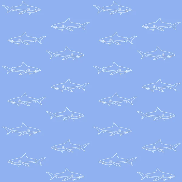 A fehér kézzel rajzolt cápa kék varratmentes mintája — Stock Vector