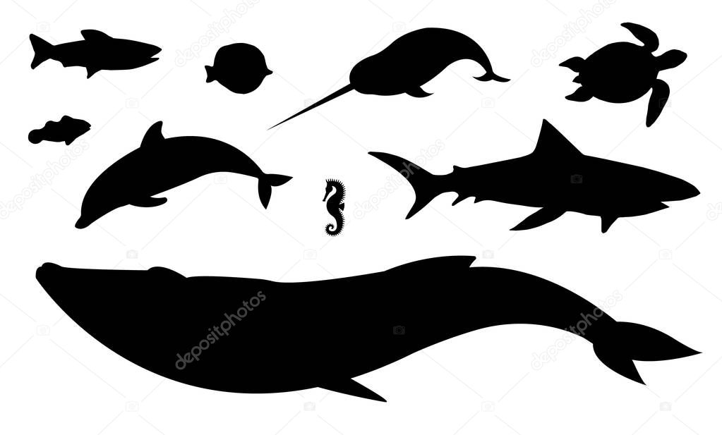 Vector flat black set collection of sea animals silhouette isolated on white background