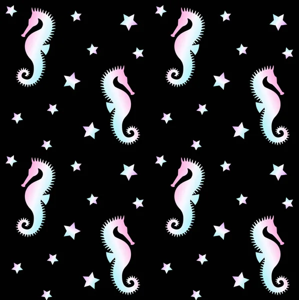 Seamless pattern of holographic sea horse on black — Stock Vector