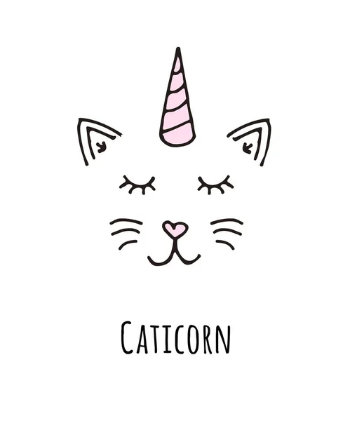 Wektor ręcznie rysowane Doodle caticorn kot z róg — Wektor stockowy