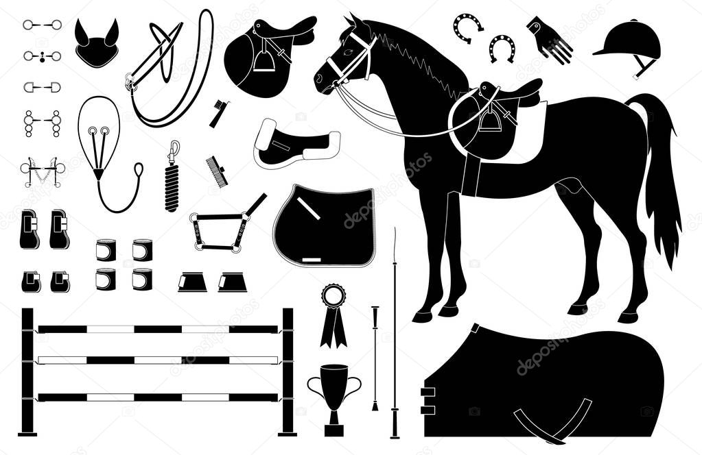 Vector black flat set of horse riding equestrian sport equipment isolated on white background