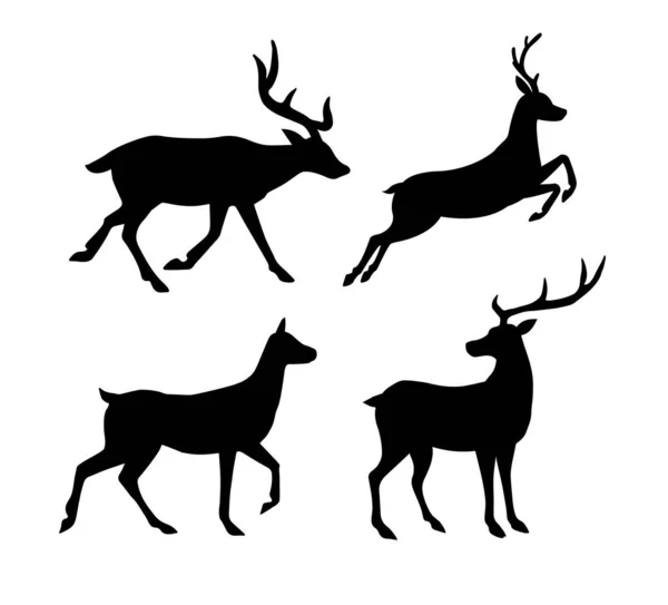 Vector set of flat black silhouette of deer — Stock Vector