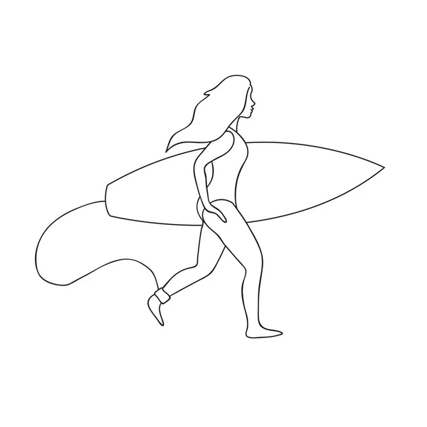 サーフボードランニングとベクトルアウトラインサーファーの女の子 — ストックベクタ