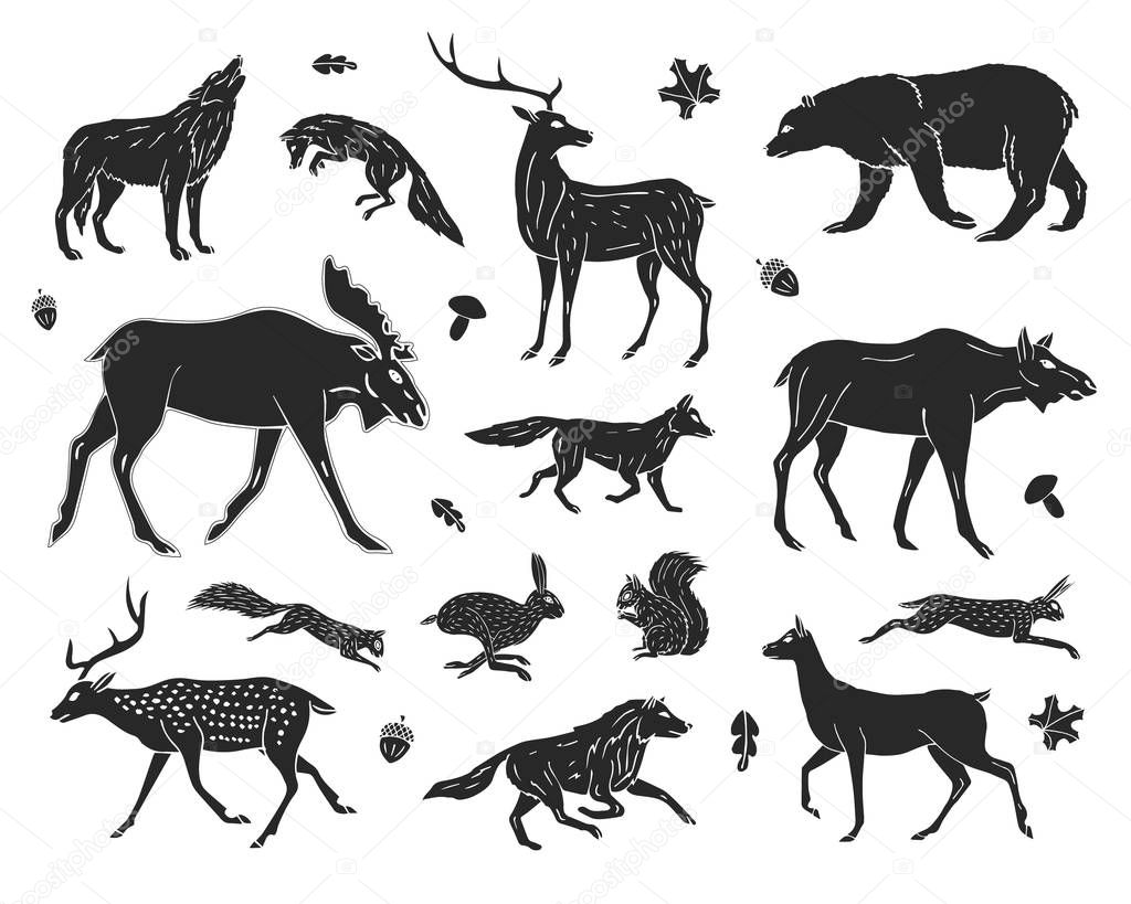 Vector black hand drawn set of forest animals