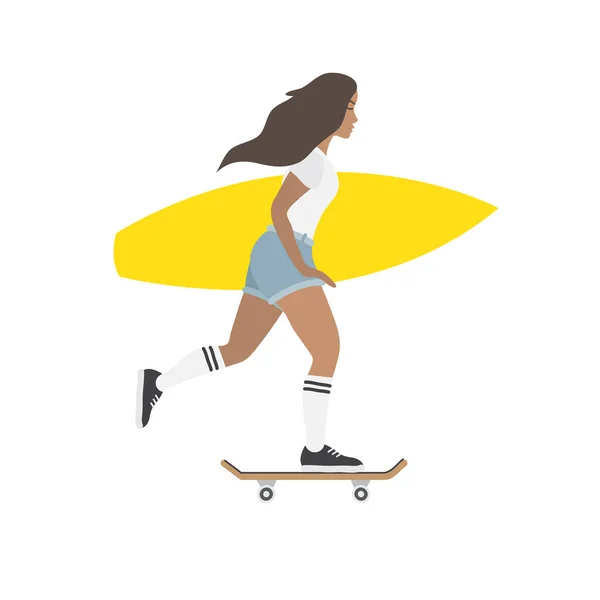 Vector menina plana no skate com prancha de surf — Vetor de Stock