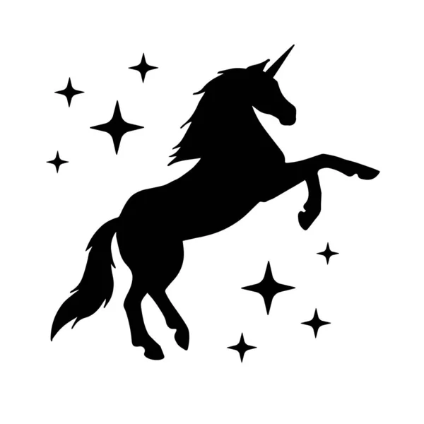 Vector flat black unicorn silhouette with stars — Stock Vector