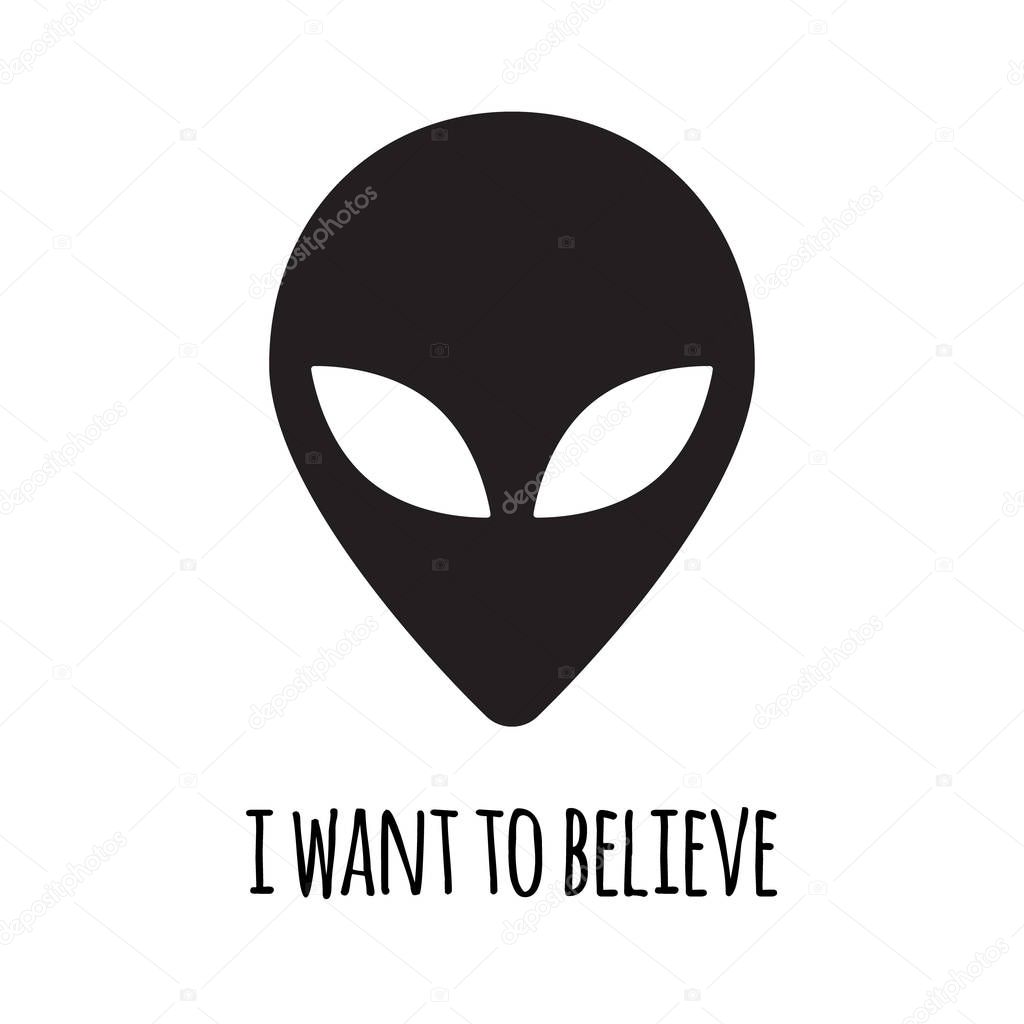 Vector flat black alien face silhouette with quote