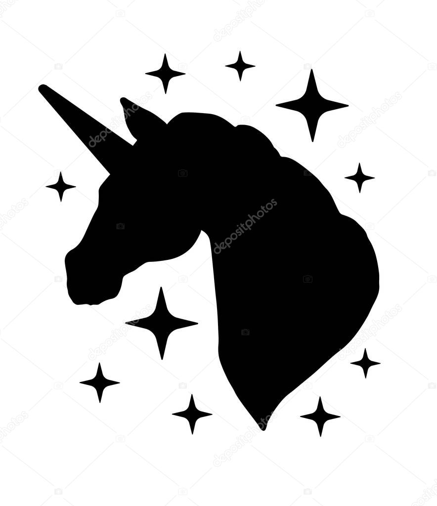 Vector black silhouette of unicorn head isolated on white background