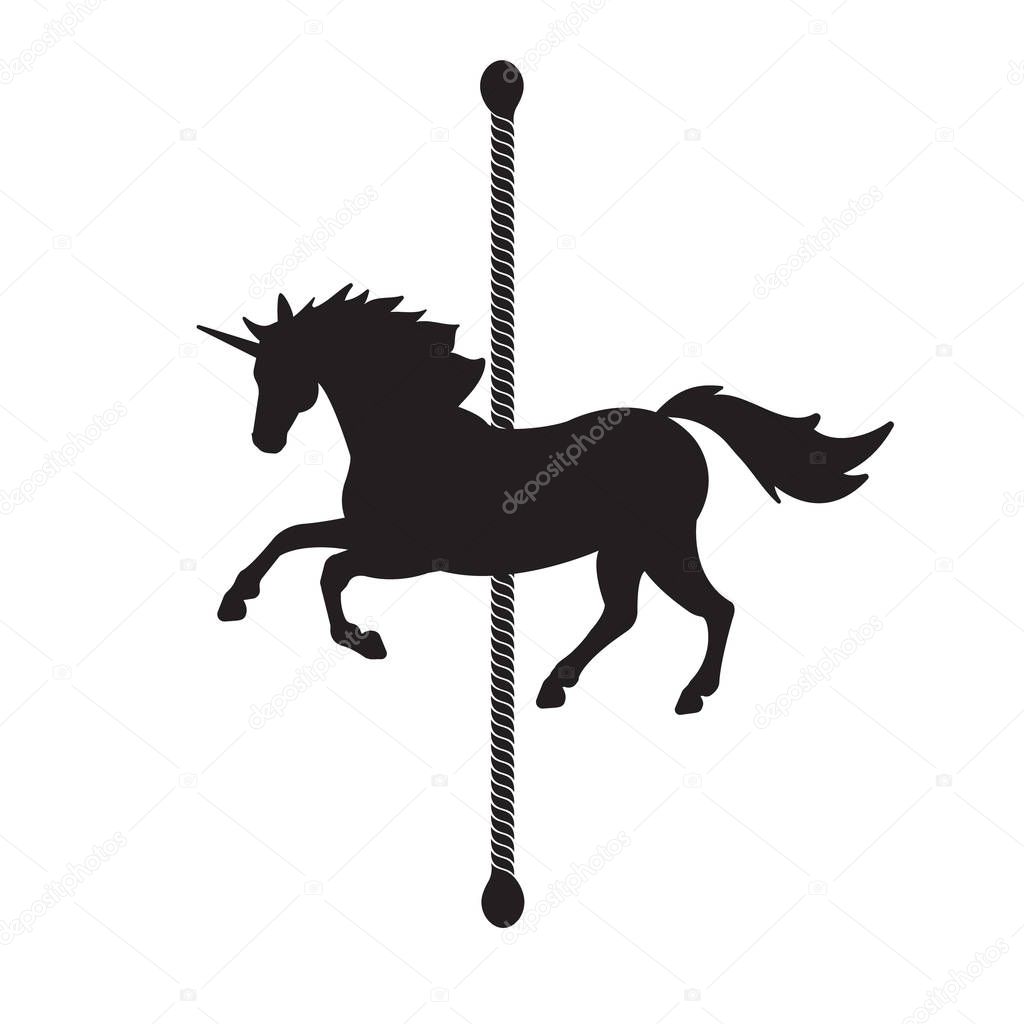 Vector flat black horse carousel silhouette icon isolated on white background