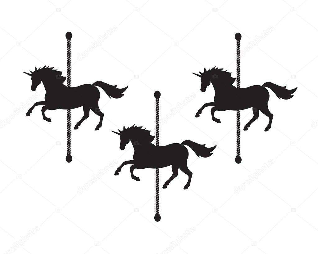 Vector flat black unicorn horse carousel silhouette isolated on white background