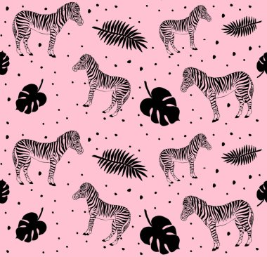 Şirin tropikal yaprakları ve zebraları olan kusursuz vektör deseni