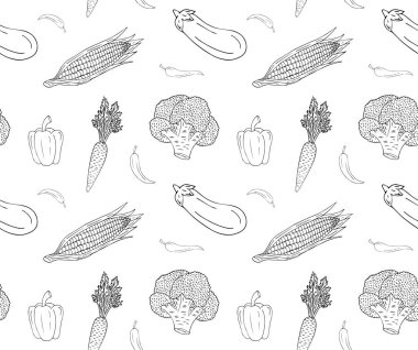 Siyah elin vektörsüz deseni beyaz arka planda izole edilmiş sebzelerin taslağını çiziyor.