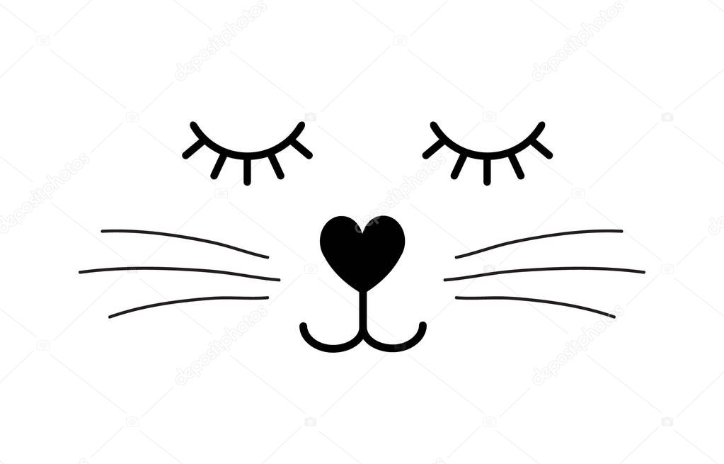Vector flat cartoon black cat face isolated on white background