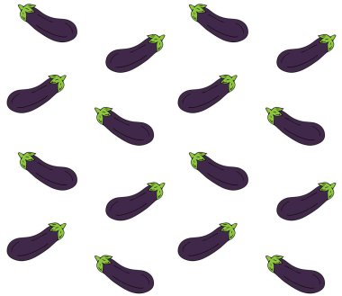 Beyaz arka planda izole edilmiş, el yapımı menekşe rengi patlıcanların vektörsüz deseni