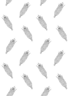 Beyaz arka planda izole edilmiş, elle çizilmiş mısırın vektörsüz deseni