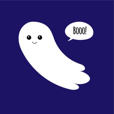 Mavi arka planda izole edilmiş sevimli vektör çizgi film düz uçan hayalet