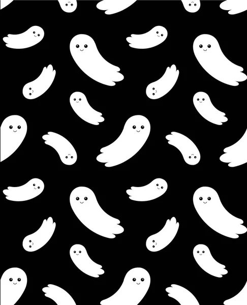 Seamless Pattern Cute Vector Cartoon Flat Flying Ghost Isolated Black — Stock Vector