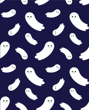 Kusursuz desenli şirin vektör çizgi filmi düz uçan hayalet mavi arka planda izole edilmiş.