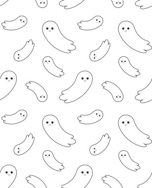 Kusursuz desenli şirin çizgi çizgi çizgi çizgi çizgi çizgi film düz uçan hayalet siyah arka planda izole