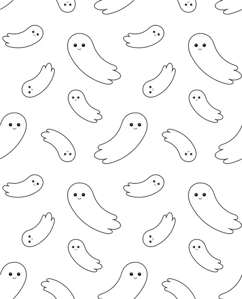 Seamless Pattern Cute Outline Vector Cartoon Flat Flying Ghost Isolated — Stock Vector