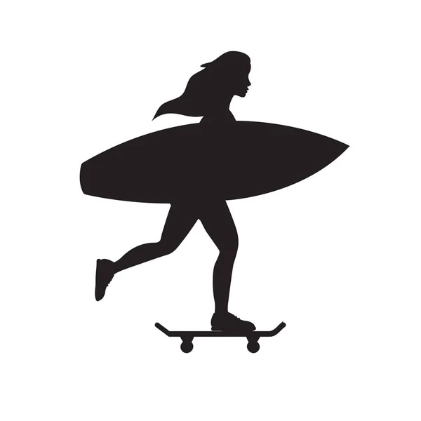 Vector Schwarze Silhouette Von Skater Mädchen Mit Surfbrett Isoliert Auf — Stockvektor