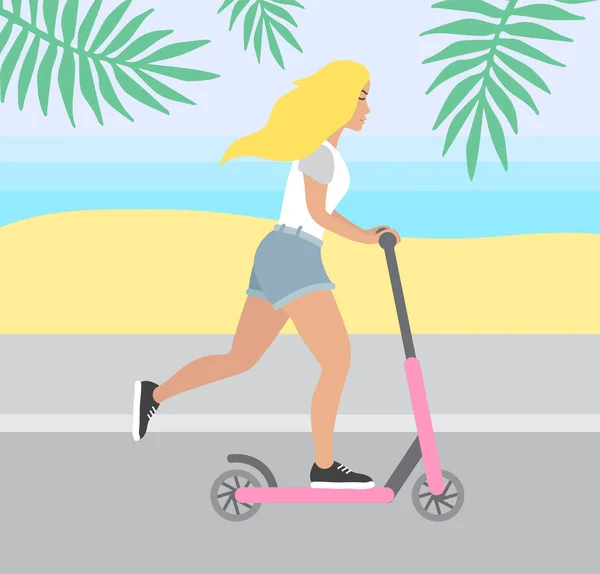 Vector Wohnung Cartoon Mädchen Auf Einem Motorroller Isoliert Strand Hintergrund — Stockvektor
