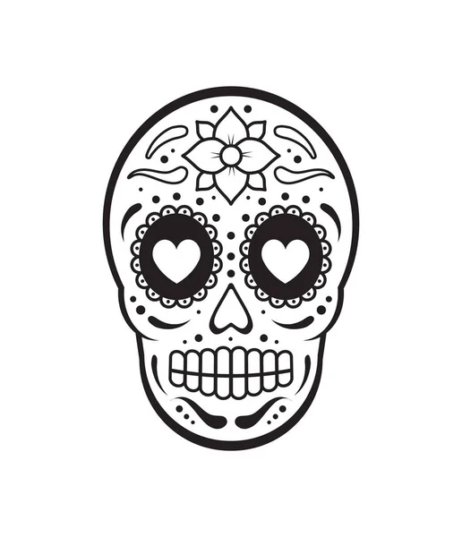 ベクトルブラックフラットアウトライン花の装飾と死の頭蓋骨の日 メキシコの砂糖の頭蓋骨アイコン — ストックベクタ
