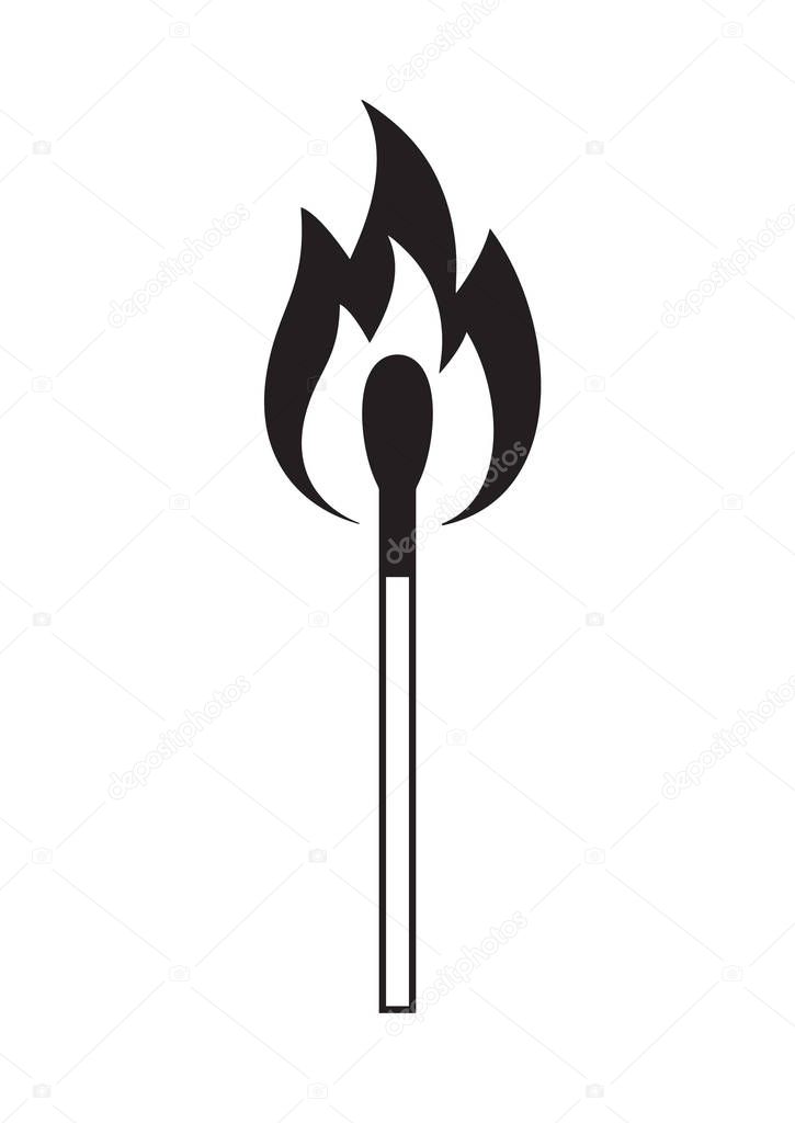 Vector black flat outline burning match icon isolated on white background