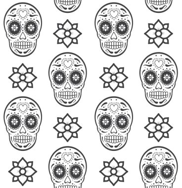 Beyaz arka planda izole edilmiş siyah çizgili Meksika şekerli kafatası ve çiçeklerin vektörsüz deseni. Ölü illüstrasyon günü