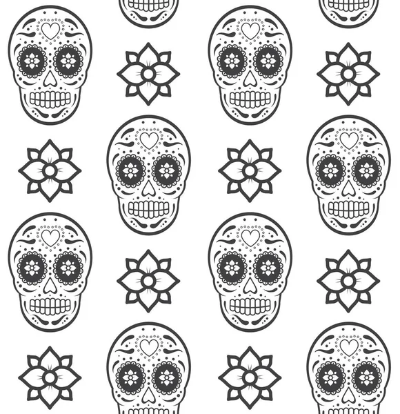 黒の輪郭のベクトルシームレスなパターン白い背景に隔離されたメキシコの砂糖の頭蓋骨と花 死んだイラストの日 — ストックベクタ