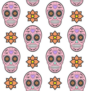 Beyaz arka planda izole edilmiş Meksikalı şeker kafatası ve çiçeklerin vektörsüz deseni. Ölü illüstrasyon günü