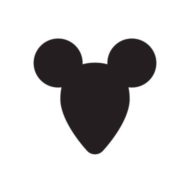 Beyaz arkaplanda izole edilmiş vektör düz çizgi film siyah fare yüzü siluet simgesi. Kulaklı sıçan kafası.