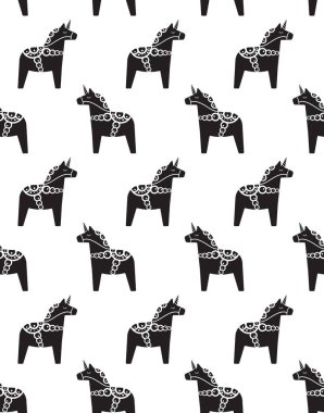 Beyaz arka planda izole edilmiş tek boynuzlu ve süslemeli siyah İsveç dala atının vektörsüz deseni