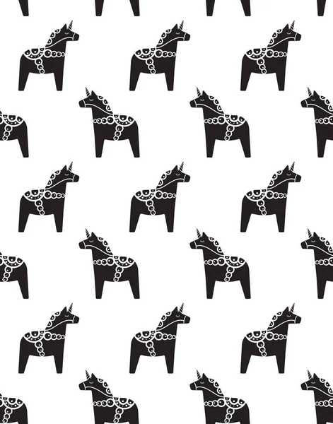 Beyaz arka planda izole edilmiş tek boynuzlu ve süslemeli siyah İsveç dala atının vektörsüz deseni