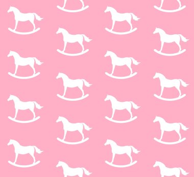 Beyaz sallanan at siluetinin kusursuz deseni. Pastel pembe arka planda izole edilmiş.