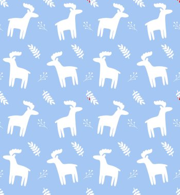Vektör İskandinav el yapımı kusursuz desen çizilmiş geyik geyiği pastel mavi arka planda izole edilmiş