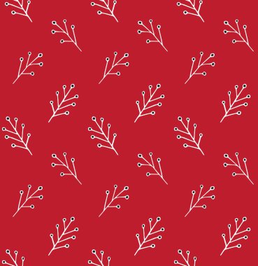 Vektör kış Noel 'i, beyaz elin pürüzsüz deseni kırmızı arka planda izole edilmiş karalama çiçeği ağaç dalları.