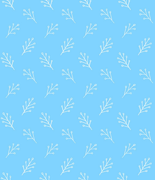 Vector winter Christmas seamless pattern of white hand drawn doodle floral tree branches isolated on pastel blue background
