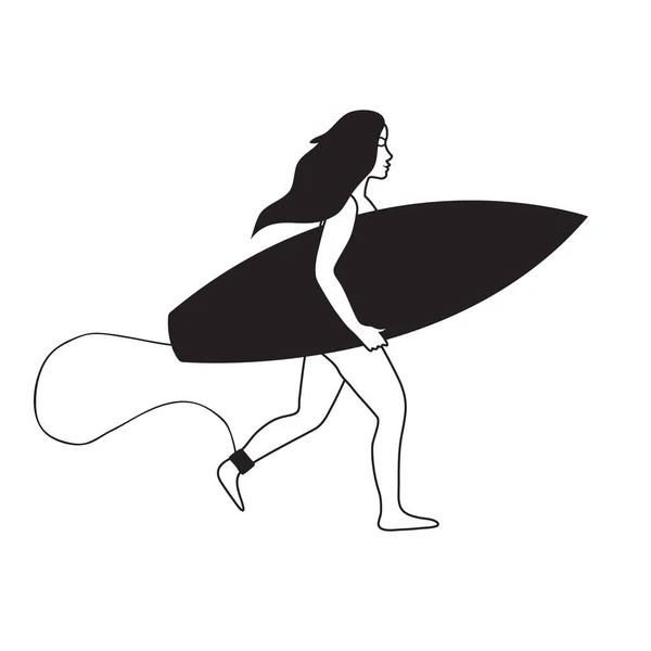 Vektor flache schwarze Kontur Mädchen mit Surfbrett — Stockvektor