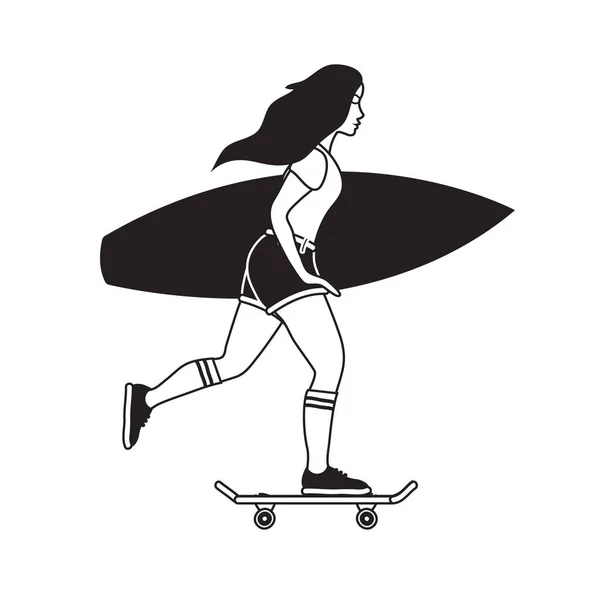 Vektor Outline Mädchen auf Skate mit Surf — Stockvektor